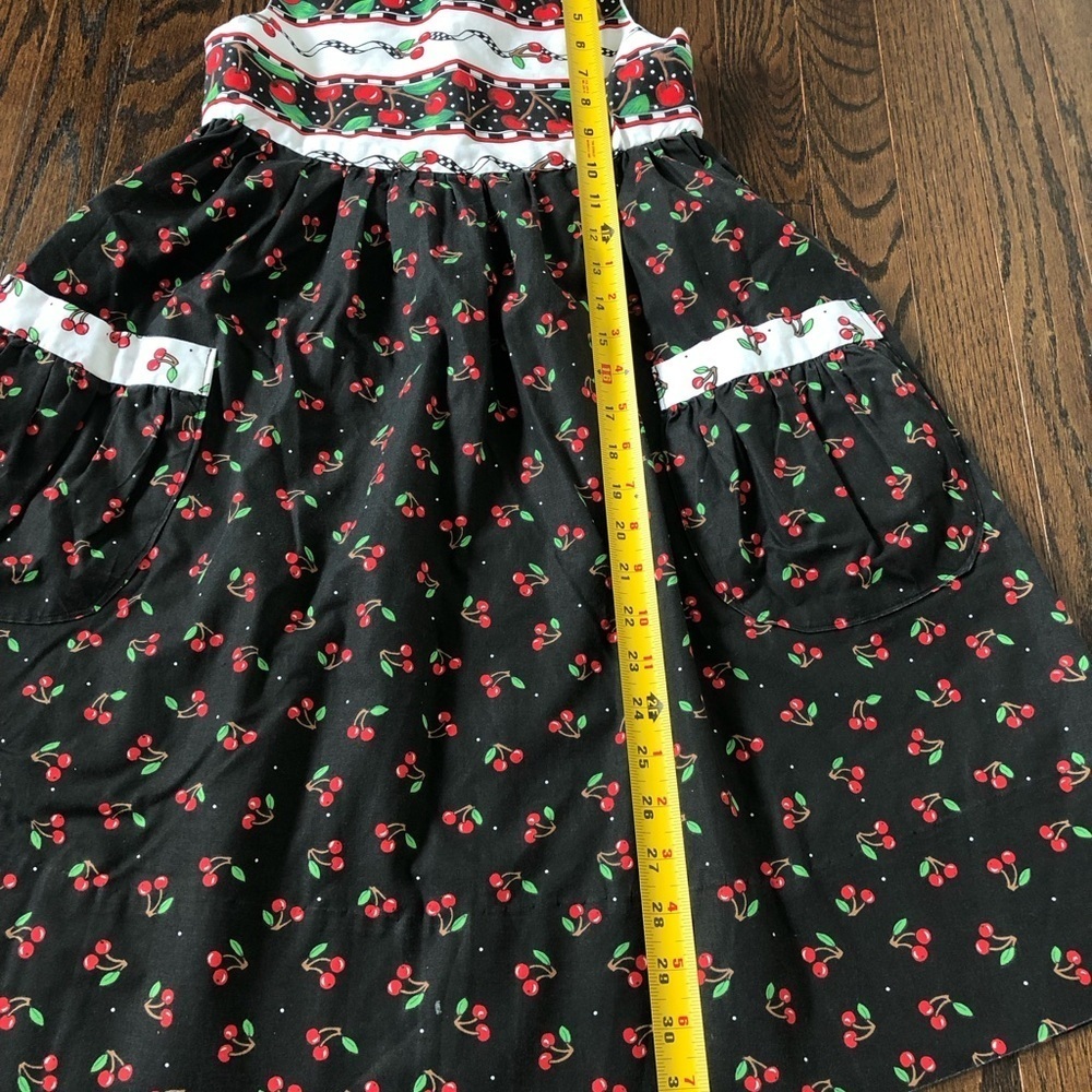 Vintage Girls 8-10 Black/Red Cherries A-Line Sleeveless Midi Dress w/Pockets - Picture 6 of 10
